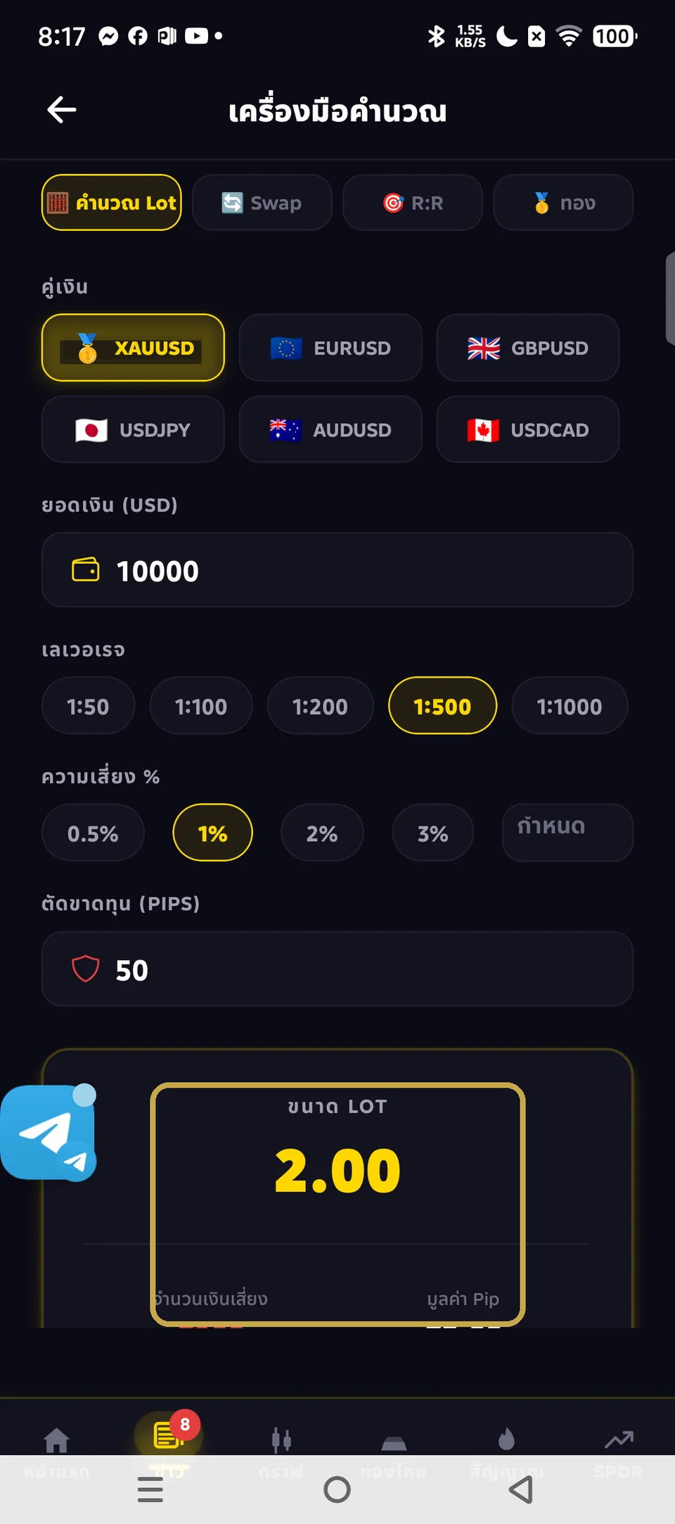 หน้าจอเครื่องมือคำนวณในแอป iCafeFX