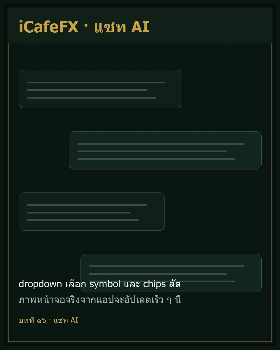 หน้าจอ AI Chat แสดง dropdown เลือก symbol และ chips ลัด