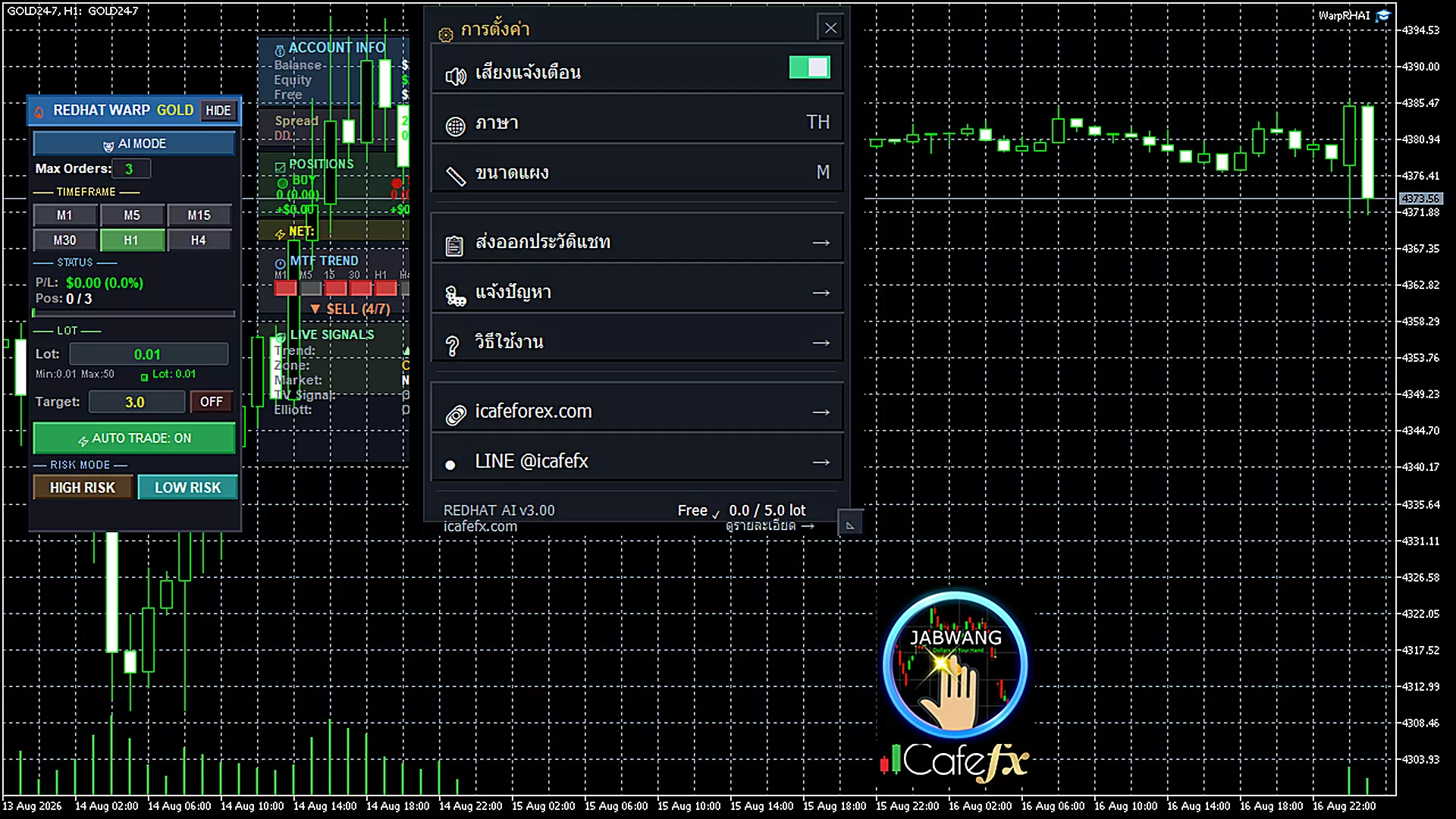 เมนู Settings — ลิงก์ติดต่อ icafeforex.com และ LINE @icafefx